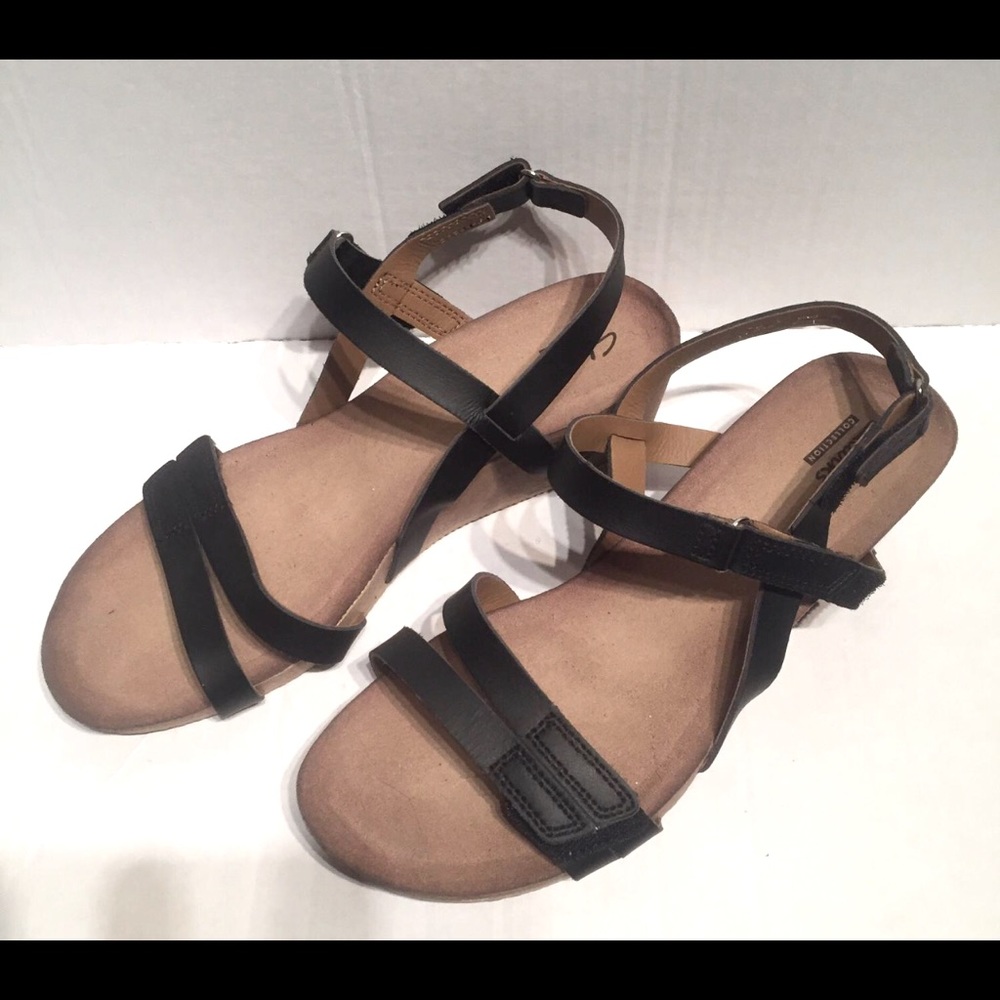 Clarks black wedge heel sandals. Size 10